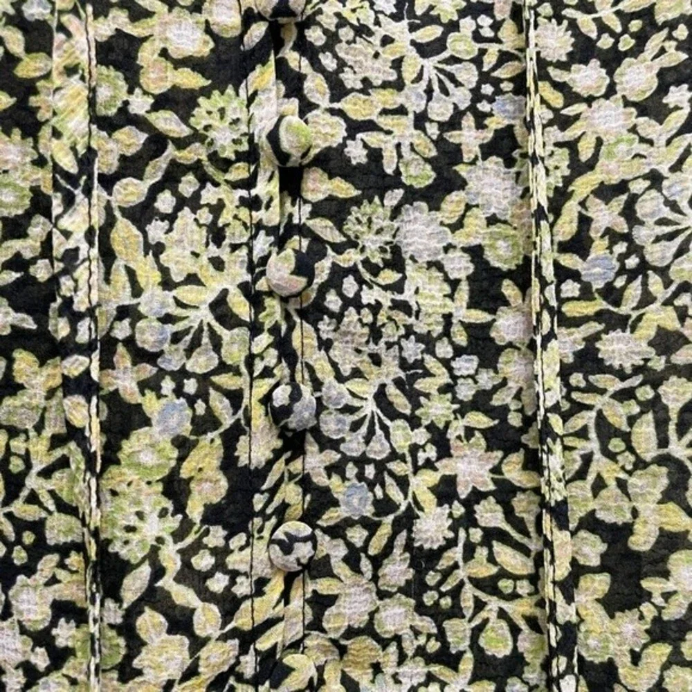 Free People Lela Blouse Floral Black & Green Flowy Boho Tie Neck Top Size Medium